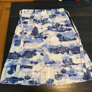 NYC Blue and White A-Line Midi Skirt with Wrap Tie Front